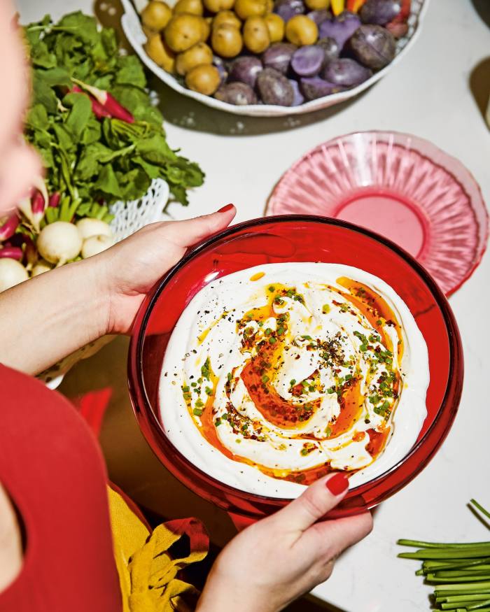 Alison Roman’s labneh dip with spring onions and chilli, from her new cookbook Nothing Fancy