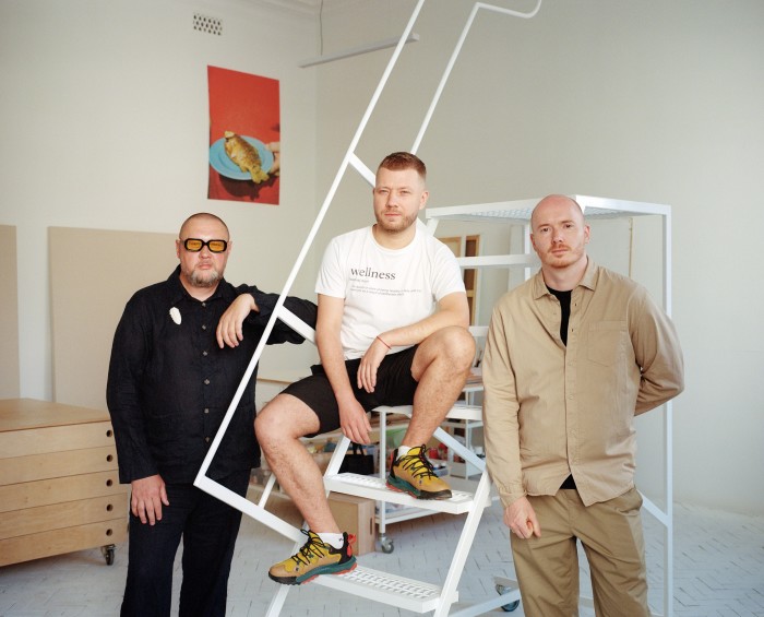 From left: writer and curator Kostiantyn Doroshenko, curator Andrii Siguntsov and product designer Dan Vakrhameyev