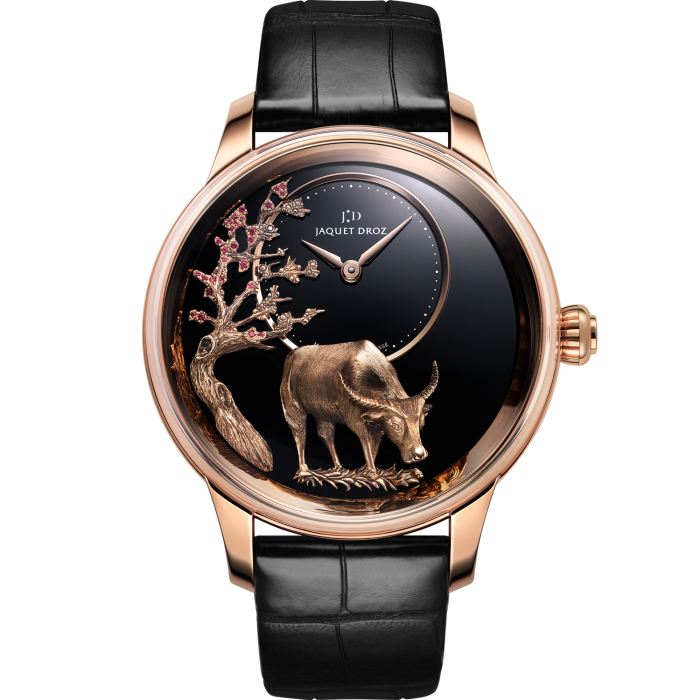 Jaquet Droz Ateliers d’Art collection Petite Heure Minute Relief Buffalo: hand-engraved and hand-painted 18ct red-gold buffalo and tree relief appliqués (tree set with 27 rubies) in an 18ct red-gold case, £62,300. Limited edition of eight