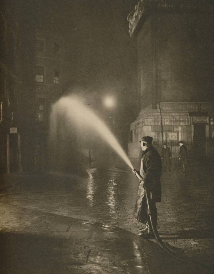 London’s Nightly Cleaning: Scene at the Base of the Monument, c1935, from Wonderful London, edited by St John Adcock