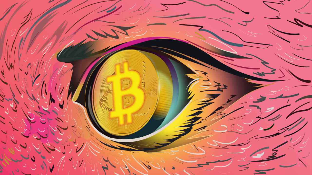 Illustration of a closeup of a phoenix’s face with red feathers and and a bitcoin for an eye