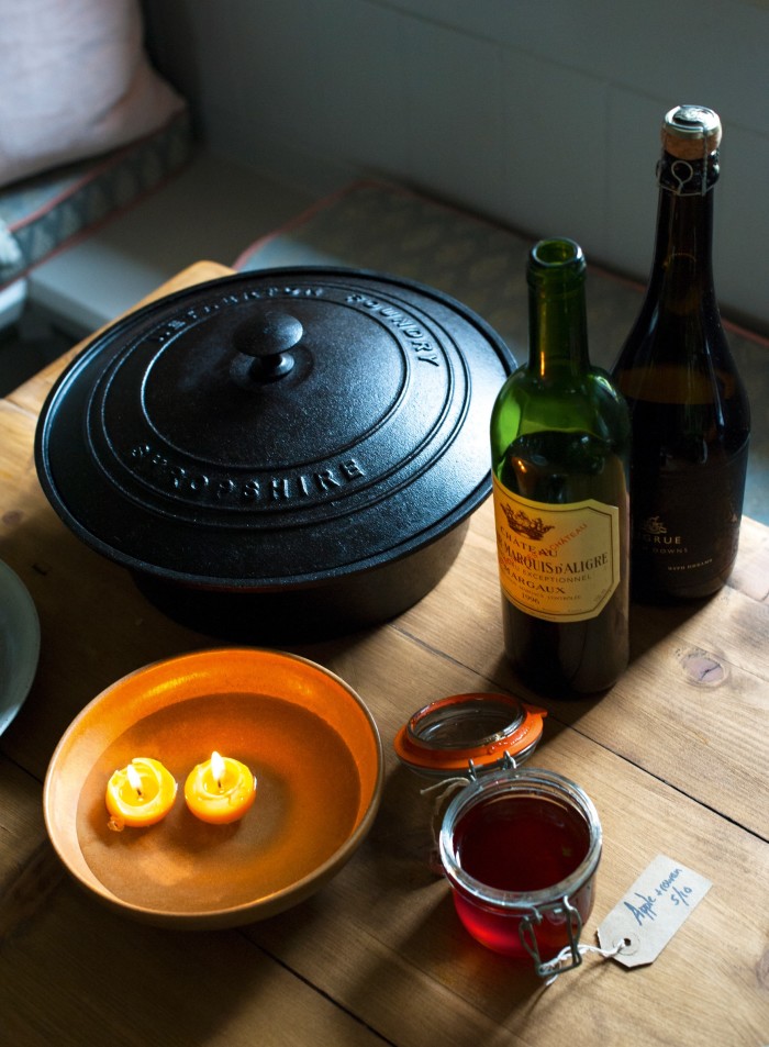 Netherton Foundry casserole dish, £90, Château Bel Air-Marquis d’Aligre 1996, £45, and Sugrue South Downs English sparkling wine