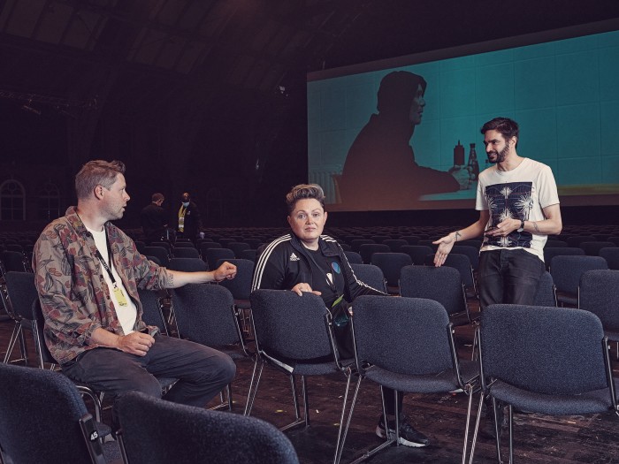 Hickson at the Manchester Central Convention Complex with novelist Max Porter (left) and musician Jon Hopkins