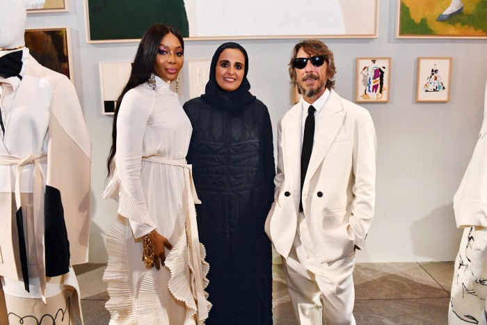 Sheikha Al Mayassa with Naomi Campbell and Pierpaolo Piccioli of Valentino at the opening reception of #QatarCreates