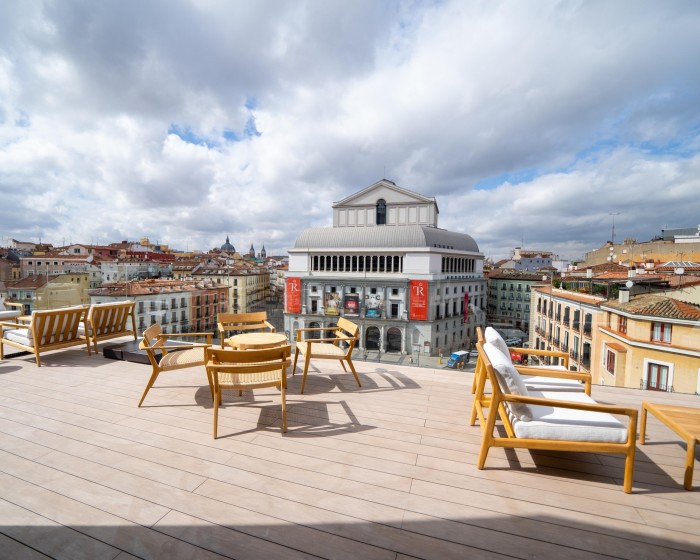 The terrace of the Sky Bar, overlooking the Teatro Real opera house