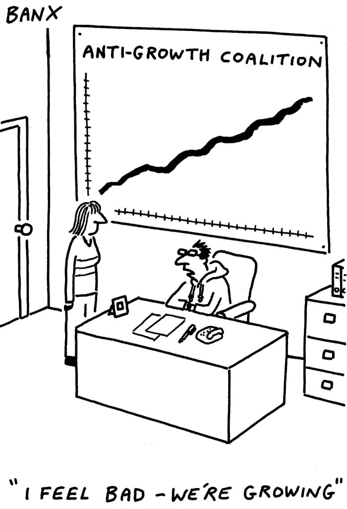 Cartoon of a woman standing on the left and talking to a man seated behind his desk in front of a growth chart