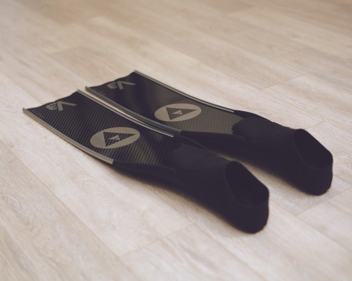 His Alchemy free-diving fins given to him by his fiancée