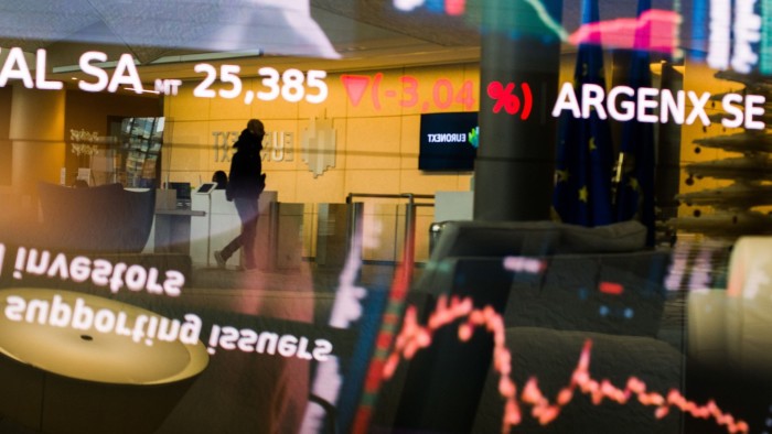 Stock price information displayed in the entrance of the Euronext stock exchange in Paris