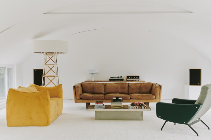 The Applied Art Forms design studio with 1970s Bambole sofa by Mario Bellini (on left) and 1950s Illum Wikkelso sofa