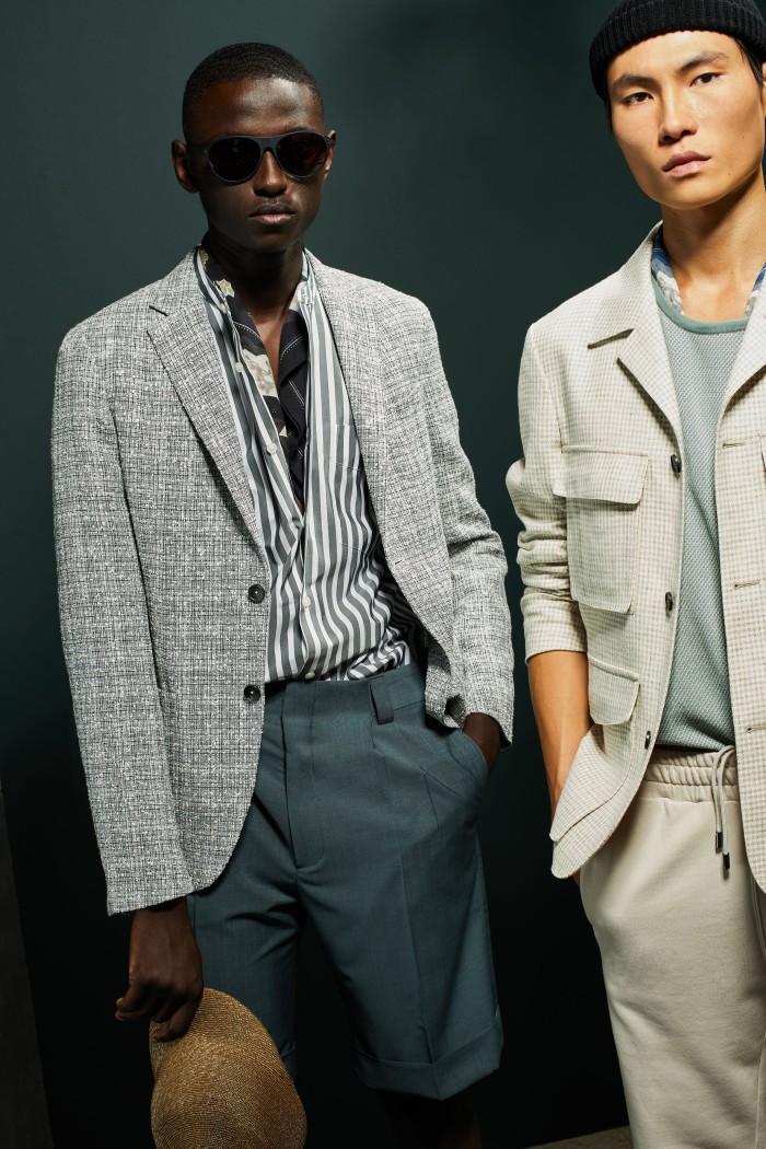 Z Zegna (left) cotton/linen jacket and wool/mohair shorts; (right) wool/silk/hemp jacket and cotton joggers, all POA