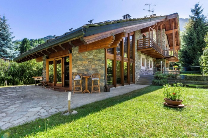 chalet exterior in summer with lawns and trees