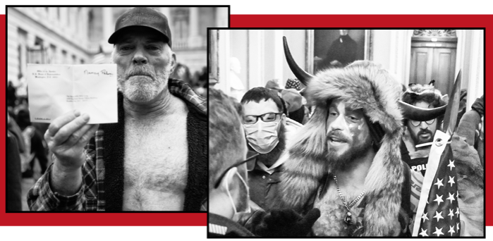 Richard ‘Bigo’ Barnett, who raided Nancy Pelosi’s office, and Jake Angeli, A QAnon devotee who dresses in fur and horns