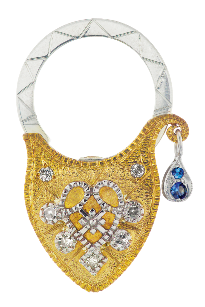Castro NYC white-gold, silver, bronze, grey-diamond and sapphire pendant, $2,250