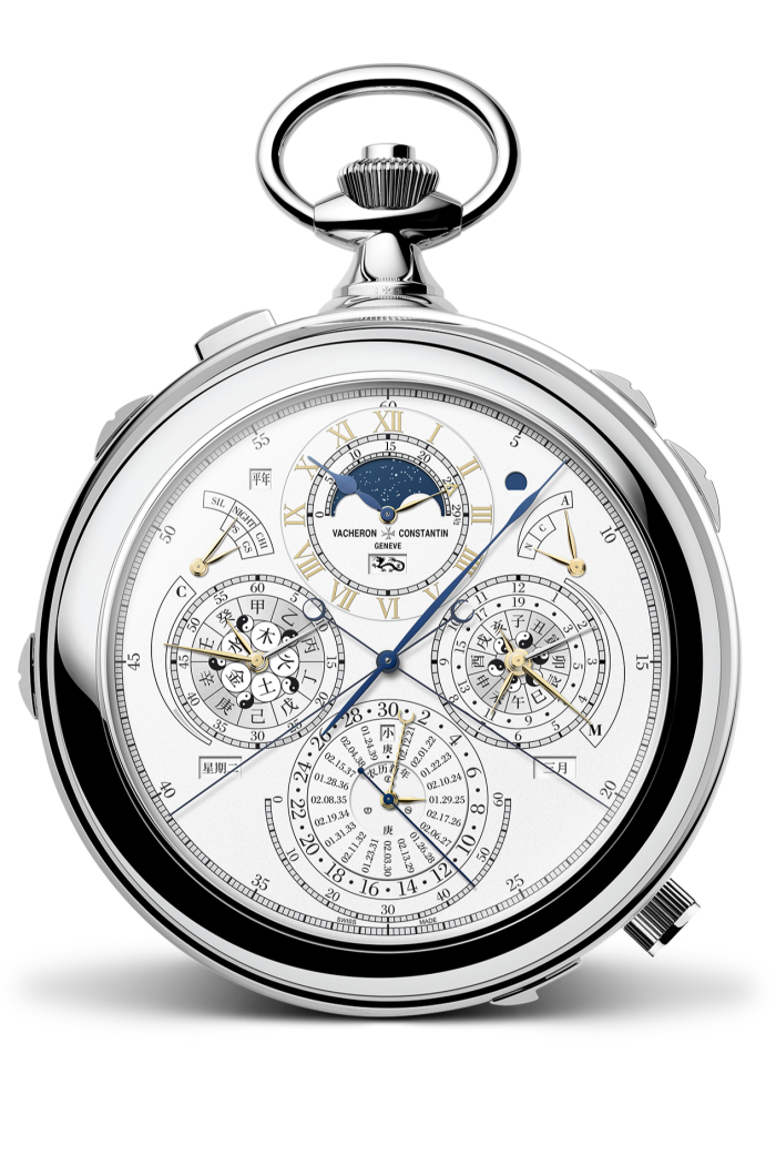 An intricately designed Vacheron Constantin pocket watch with an open face, showcasing a detailed astronomical chart, various dials, and a visible tourbillon mechanism