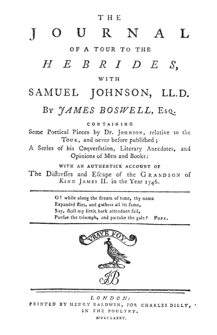 The title page of the first edition of Journal of a Tour to the Hebrides, with Samuel Johnson by James Boswell, 1785