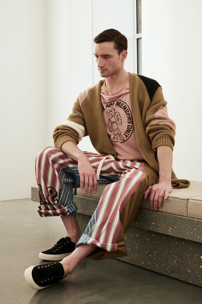  Cotton cardigan, £790, cotton shirt, £235, cotton patchwork trousers, £405, and canvas trainers, £315