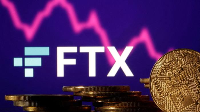 Illustration of the FTX logo, representations of cryptocurrencies and a decreasing stock graph