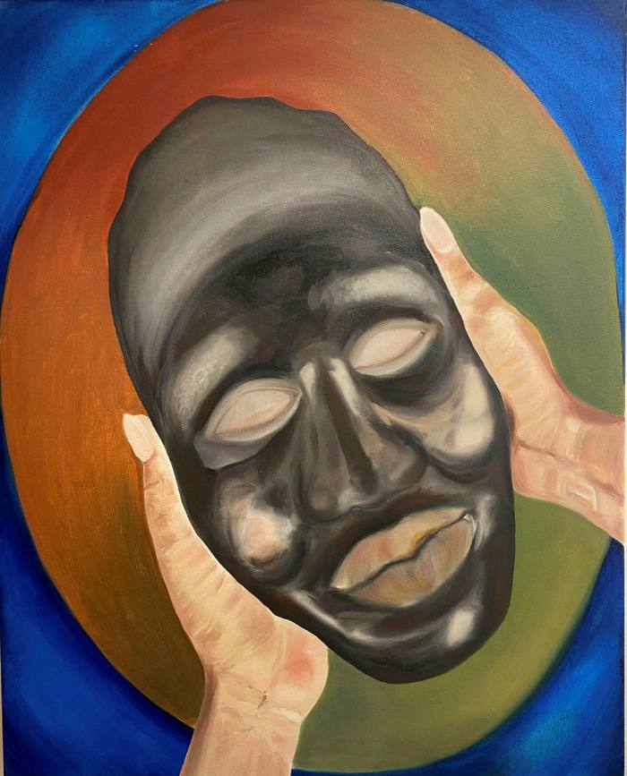 Painting of a pair of hands holding a dark mask