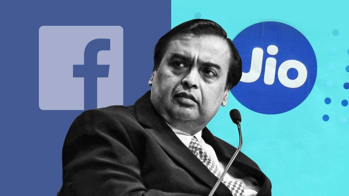 Montage of Mukesh Ambani with Facebook and Jio logos
