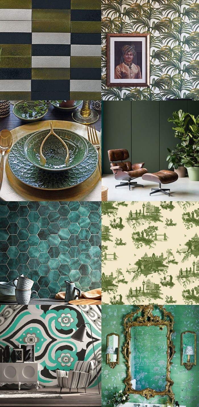 Clockwise from top left: Balineum Terra Firma tiles. House of Hackney Palmeral wallpaper. Paint & Paper Library Stable Green paint. Timorous Beasties London Toile fabric. De Gournay Earlham Green Williamsburg wallpaper. Emilio Pucci for Bisazza tiles. Fired Earth Nebula Green Hexagons. Rockett St George Moss Green Fern dinnerware