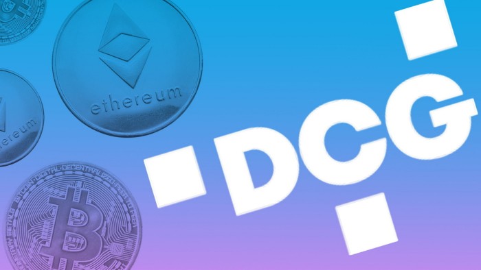 Montage of DCG logo with ethereum and bitcoin coins