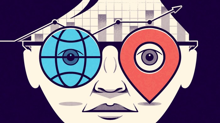 Matt Kenyon illustration of a person’s face, with one eye as a globe and the other as a locator symbol