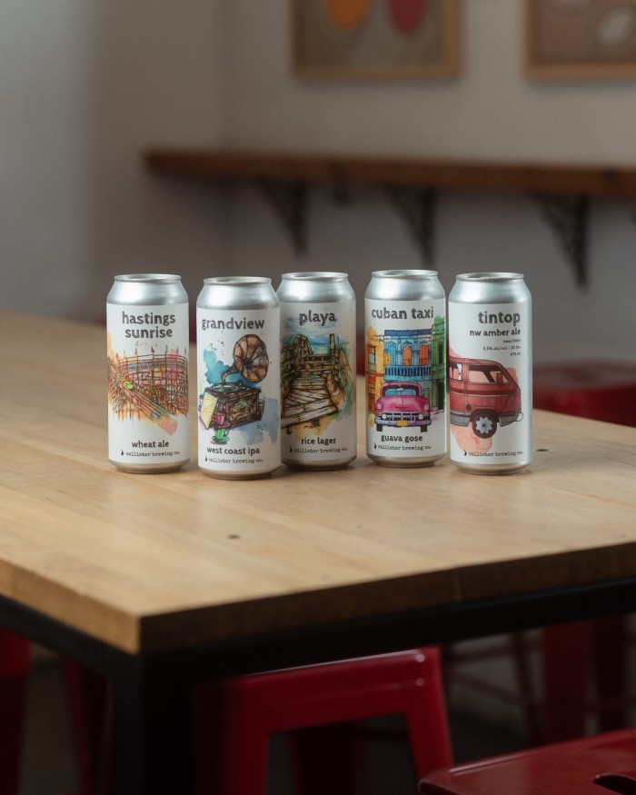 Five cans of different Callister beers, including Cuban Taxi, in a row on a table