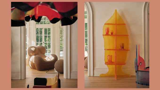 Two images. In the first, we look thruogh an arched doorway to a brown armchair which looks like a stylised reclining woman. In the second, we see a tall clear yellow shard of a shelving unit