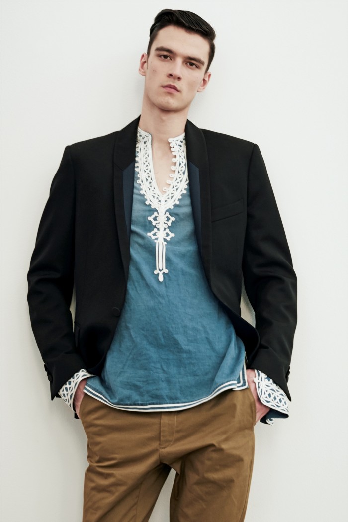 Cotton blazer, £1,120, embroidered cotton denim sweatshirt, £560, and cotton trousers, £310
