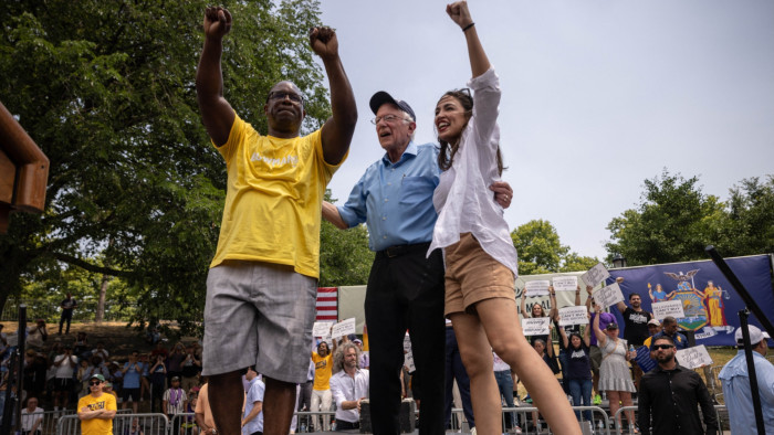 Jamaal Bowman on stage with Bernie Sanders and Alexandria Ocasio-Cortez at the ‘Get Out The Vote’ rally on Saturday in New York