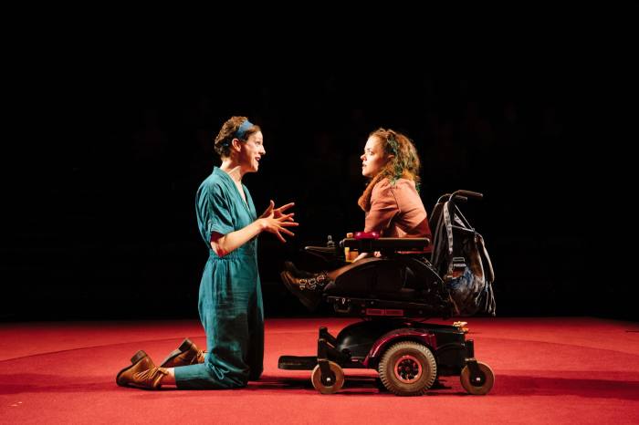 Francesca Martinez (Jess) and Francesca Mills (Poppy) in All of Us at the National Theatre