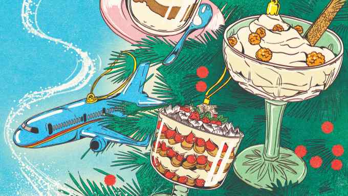 An illustration of three versions of trifle in glass dishes, sitting in a Christmas tree, with the image of a plane flying through the sky behind them