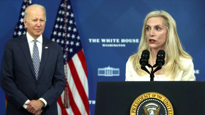 Lael Brainard, right, speaks as Joe Biden, left, listens during an announcement at the South Court Auditorium of Eisenhower Executive Office Building in Washington, DC