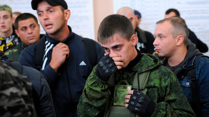 Russian recruits gather inside a military recruitment centre in Bataysk, Rostov, on Monday