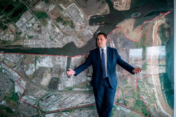 Ben Houchen stands in front of a map of the Teesside Freeport. The mayor has been accused of cronyism over the transfer of a stake in the company operating the area’s steel site without public tender