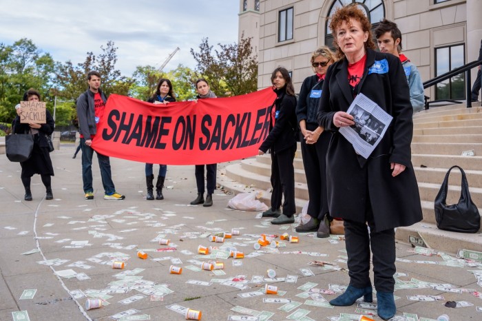 Artist Nan Goldin protests against the Sacklers in 2019 in the US