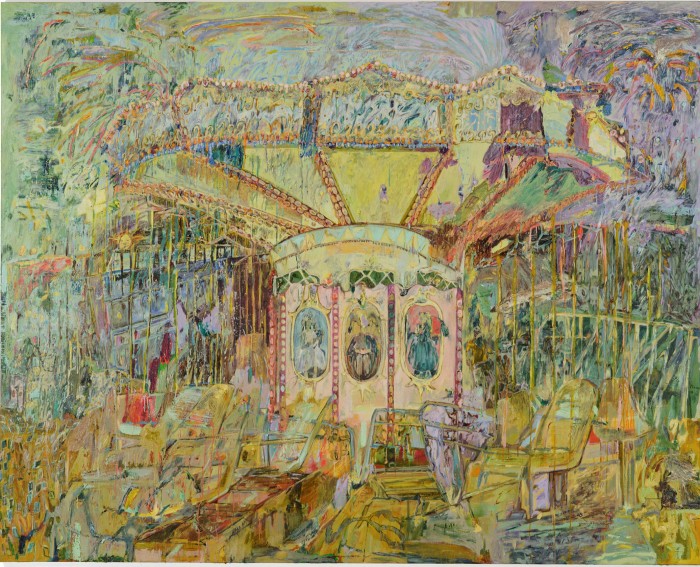 A painting of a carousel that stands amid a deserted amusement park framed by strewn chairs