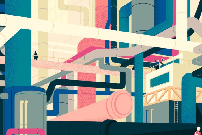 An illustration showing a futuristic take on what industrial production might look like in 2050 and beyond