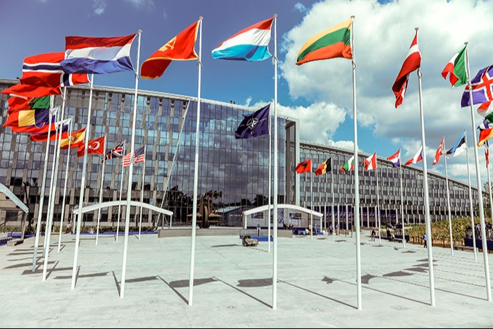 Flags of the Nato members outside alliance’s headquarters