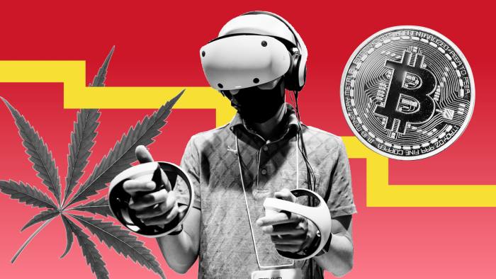 A marijuana leaf, a person using virtual reality gaming equipment and a bitcoin