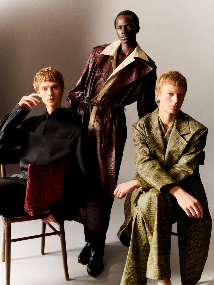 From left: Leon Dame wears wool overshirt, £1,970, wool trousers, £990, and hand-stitched embossed leather Pochette The Go bag, POA. Malick Bodian wears leather trench coat, £6,990, cotton trench coat, £2,060, wool trousers, £720, and leather boots, £1,350. Jonas Glöer wears leather coat, £6,720, leather jacket, £5,290, and leather trousers, £3,850, all Bottega Veneta