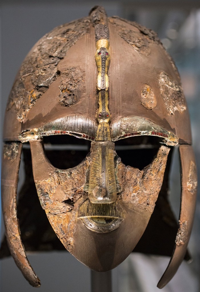 The decorated Anglo-Saxon helmet, c625, found at Sutton Hoo in 1939