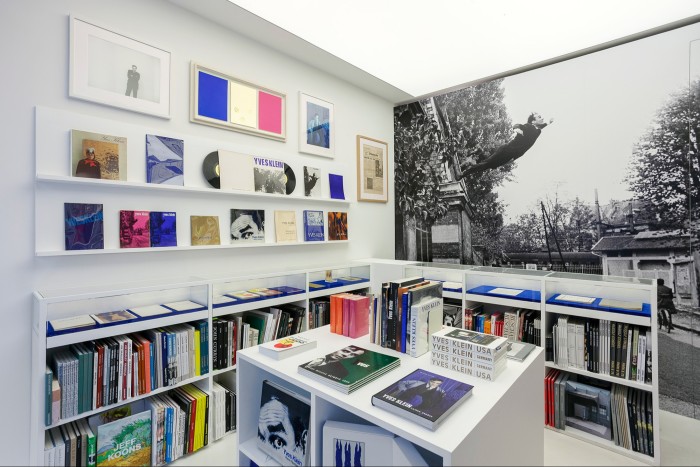 An installation of Yves Klein books at the Gagosian gallery in Paris in 2018