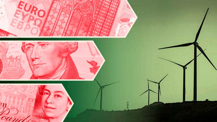 Montage with different currencies and a wind park