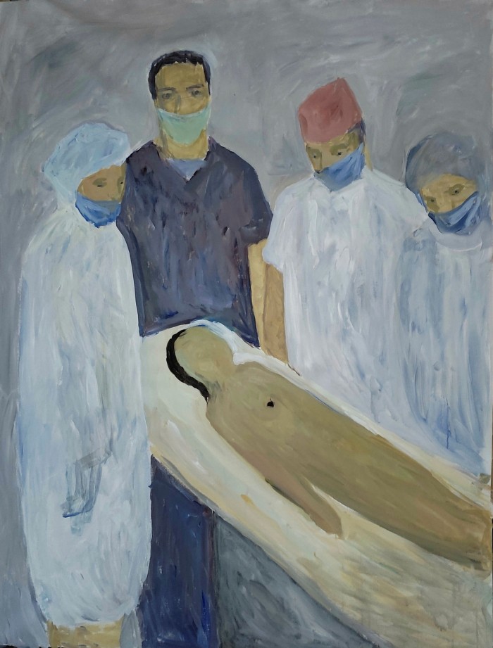 Painting of a naked person lying on a surgical table with doctors and nurses standing around looking sad