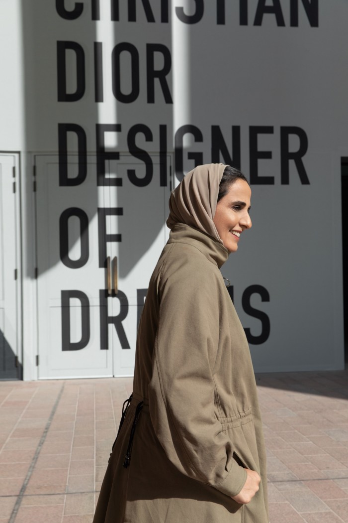 Sheikha Al Mayassa bint Hamad bin Khalifa Al Thani, chair of Qatar Museums. She wears custom Off-White designed by Virgil Abloh