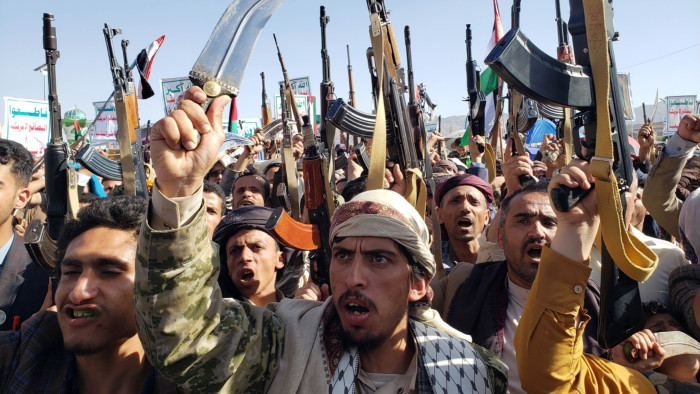 Houthi supporters attend a protest against the US and Israel  