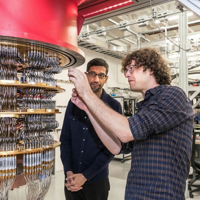 Sundar Pichai with one of Google's quantum computers in Santa Barbara, California. The group’s CEOs says that when it comes to climate change, ‘we’ve had warning signs for a while now, and the warning signs are increasingly becoming frequent’