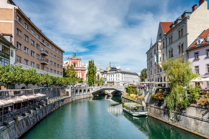 Ljubljanica River flows through the centre of Ljubljana, Slovenia