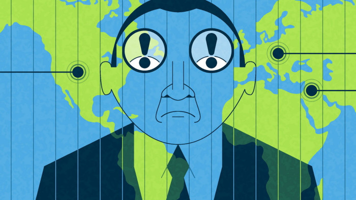 Matt Kenyon illustration of an anxious CEO standing behind a grid map of the world with pressure points coming from both sides of his head. 